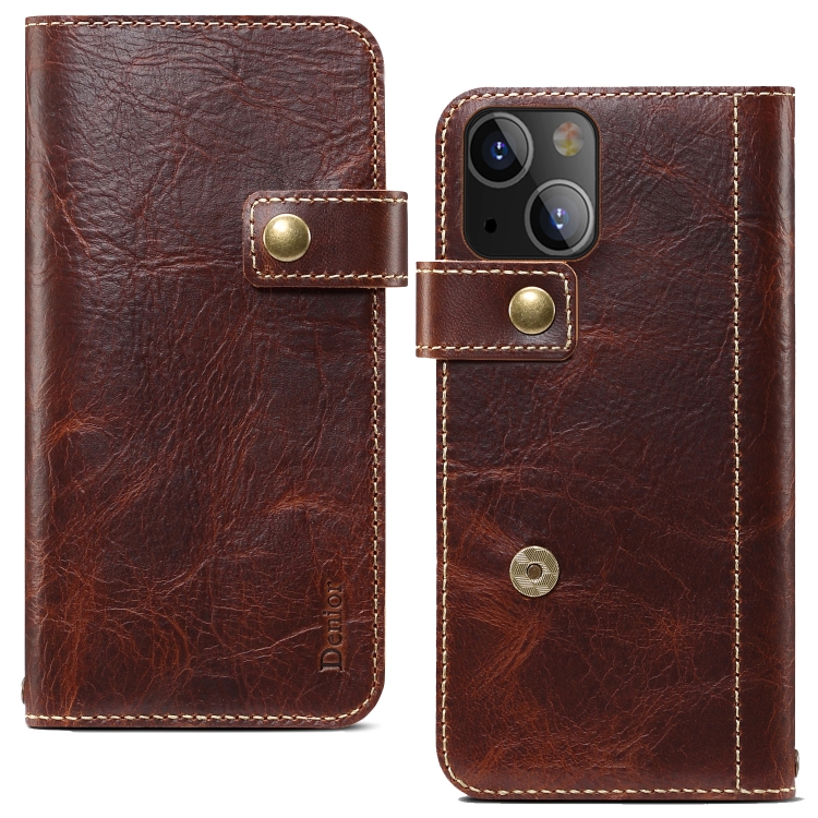 

For iPhone 13 Denior Oil Wax Cowhide DK Magnetic Button Leather Phone Case(Brown)