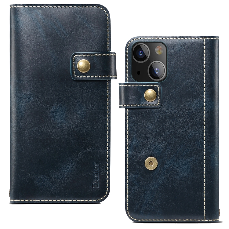 

For iPhone 13 Denior Oil Wax Cowhide DK Magnetic Button Leather Phone Case(Dark Blue)