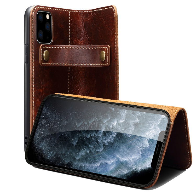 

For iPhone 13 Pro Denior Oil Wax Cowhide DK Magnetic Button Leather Phone Case(Brown)