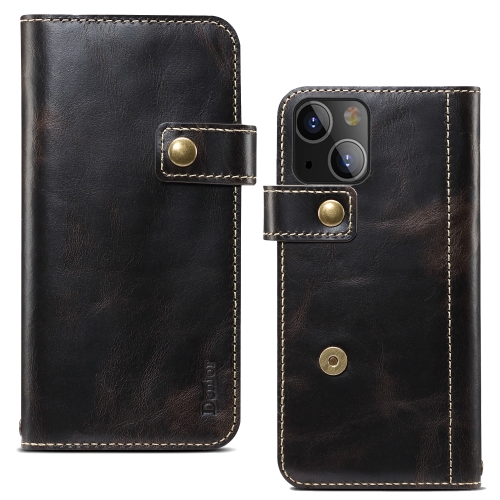 

For iPhone 14 Denior Oil Wax Cowhide DK Magnetic Button Leather Phone Case(Black)