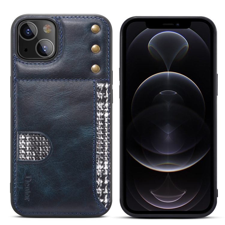

For iPhone 14 Denior Oil Wax Cowhide Card Slot Phone Case(Blue)