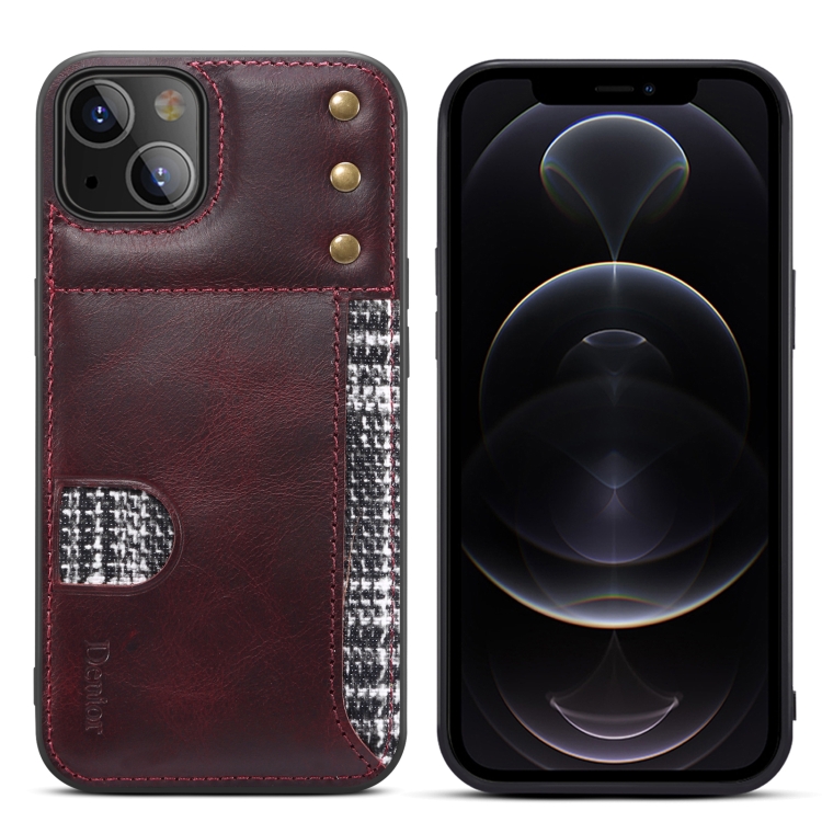 

For iPhone 14 Plus Denior Oil Wax Cowhide Card Slot Phone Case(Red)