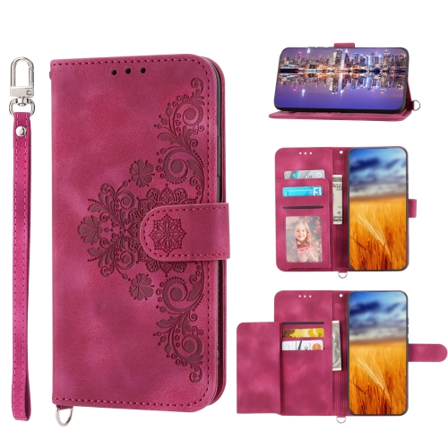 

For OPPO A17 4G Skin-feel Flowers Embossed Wallet Leather Phone Case(Wine Red)