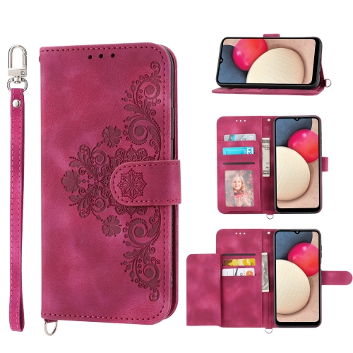 

For Sharp Simple Sumaho 5 Skin-feel Flowers Embossed Wallet Leather Phone Case(Wine Red)