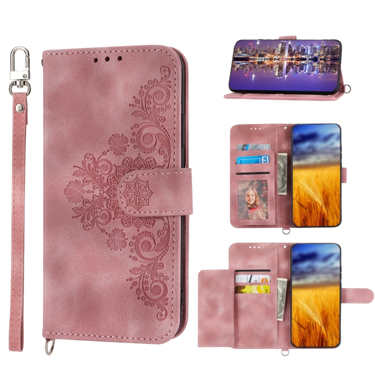 

For Sharp Aquos R7 / P7 Skin-feel Flowers Embossed Wallet Leather Phone Case(Pink)