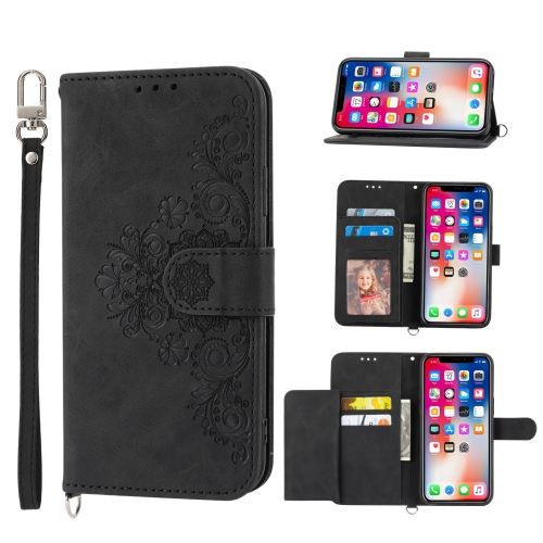 

For Samsung Galaxy A22e / A23e / A23s / A23 5G JP Skin-feel Flowers Embossed Wallet Leather Phone Case(Black)