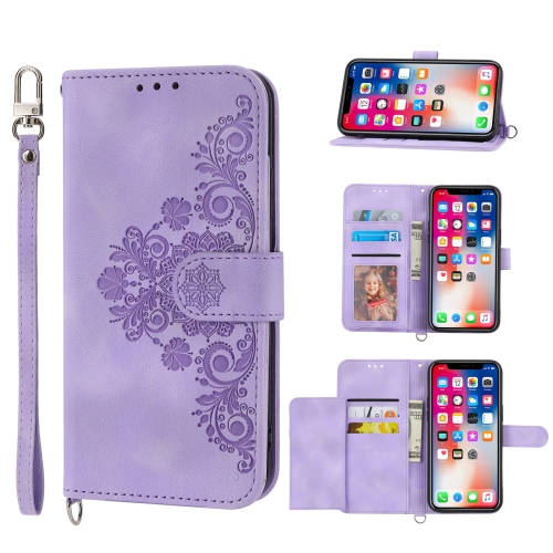 

For Samsung Galaxy A22e / A23e / A23s / A23 5G JP Skin-feel Flowers Embossed Wallet Leather Phone Case(Purple)