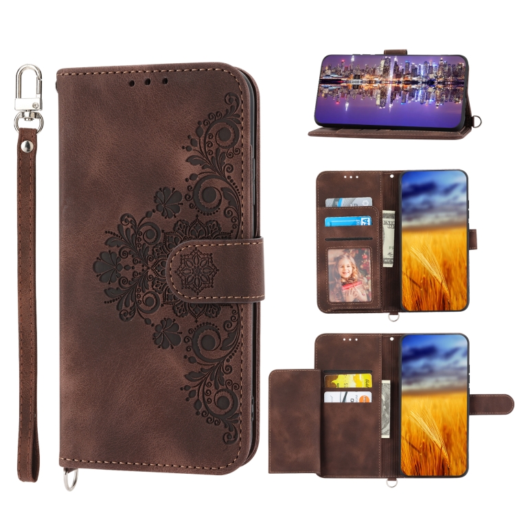 

For Samsung Galaxy S23 5G Skin-feel Flowers Embossed Wallet Leather Phone Case(Brown)