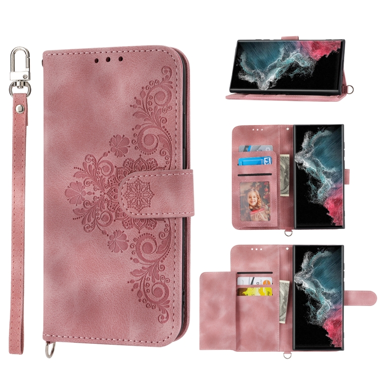 

For Samsung Galaxy S23 Ultra 5G Skin-feel Flowers Embossed Wallet Leather Phone Case(Pink)