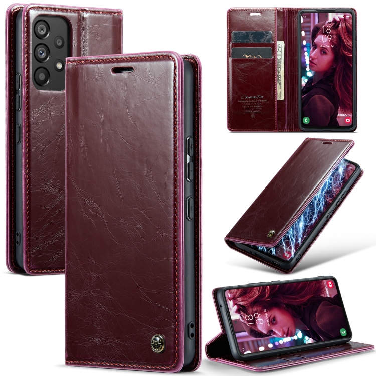 

For Samsung Galaxy A53 CaseMe 003 Crazy Horse Texture Leather Phone Case(Wine Red)