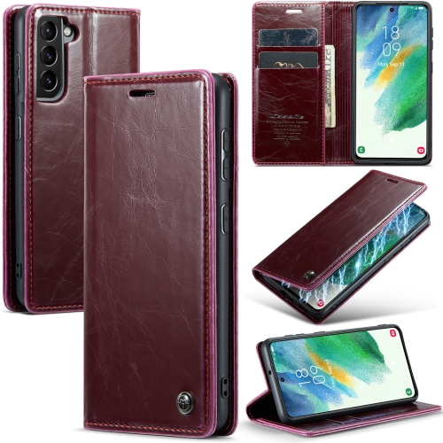 

For Samsung Galaxy S21 FE 5G CaseMe 003 Crazy Horse Texture Leather Phone Case(Wine Red)