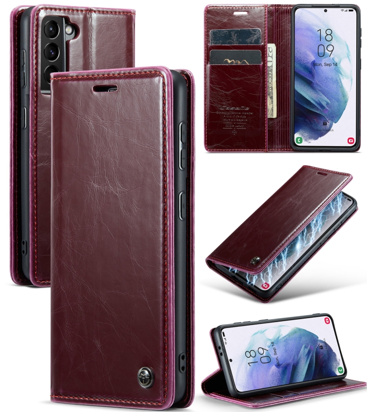 

For Samsung Galaxy S21+ 5G CaseMe 003 Crazy Horse Texture Leather Phone Case(Wine Red)