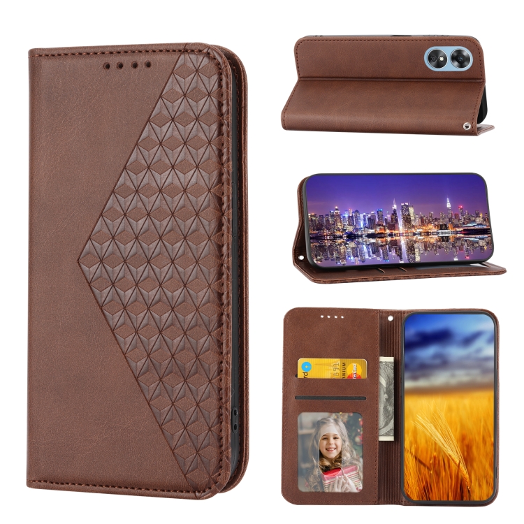 

For OPPO A17 4G Cubic Grid Calf Texture Magnetic Leather Phone Case(Brown)