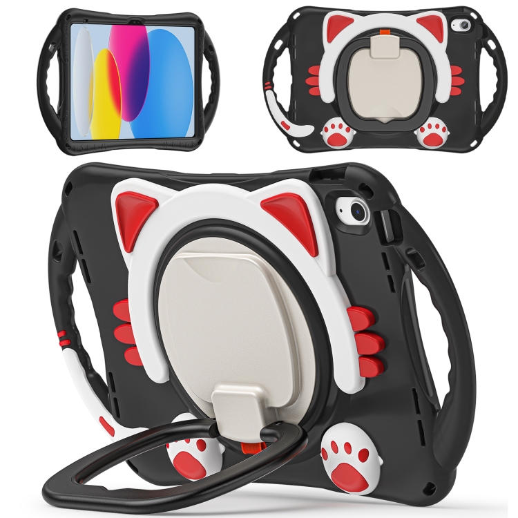 

For iPad 10th Gen 10.9 2022 Cute Cat King Kids Shockproof Silicone Tablet Case(Black Red)