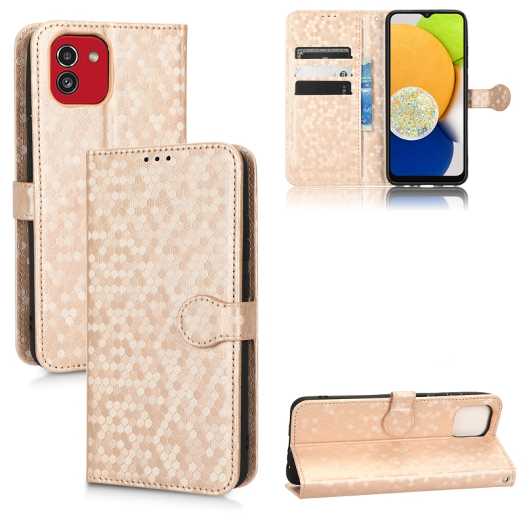 

For Samsung Galaxy A03 EU Version 166.59mm Honeycomb Dot Texture Leather Phone Case(Gold)