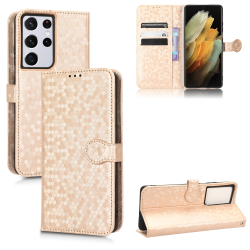 

For Samsung Galaxy S21 Ultra 5G Honeycomb Dot Texture Leather Phone Case(Gold)