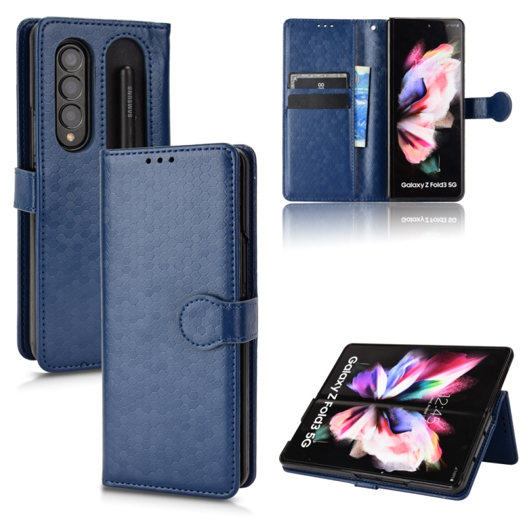 

For Samsung Galaxy Z Fold3 5G Honeycomb Dot Texture Leather Phone Case(Blue)