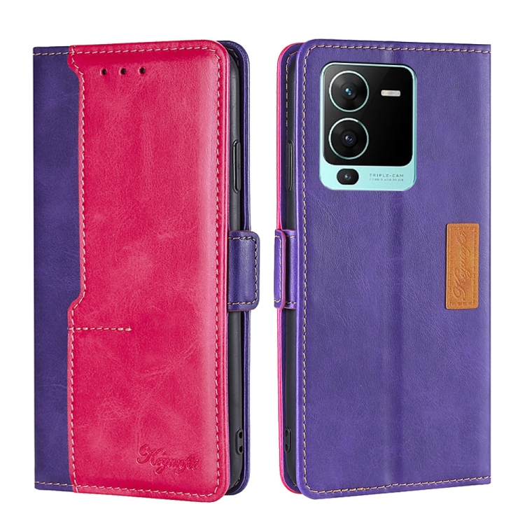 

For vivo V25 Pro 5G Contrast Color Side Buckle Leather Phone Case(Purple + Rose Red)