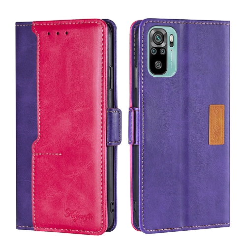 

For Xiaomi Poco M5s 4G/Redmi Note 11 SE India Contrast Color Side Buckle Leather Phone Case(Purple + Rose Red)