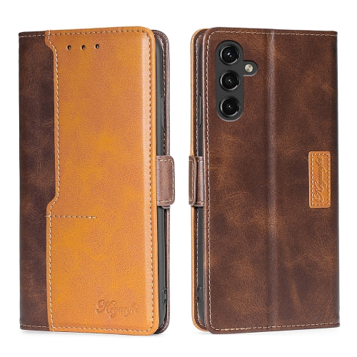 

For Samsung Galaxy A14 5G Contrast Color Side Buckle Leather Phone Case(Dark Brown + Gold)