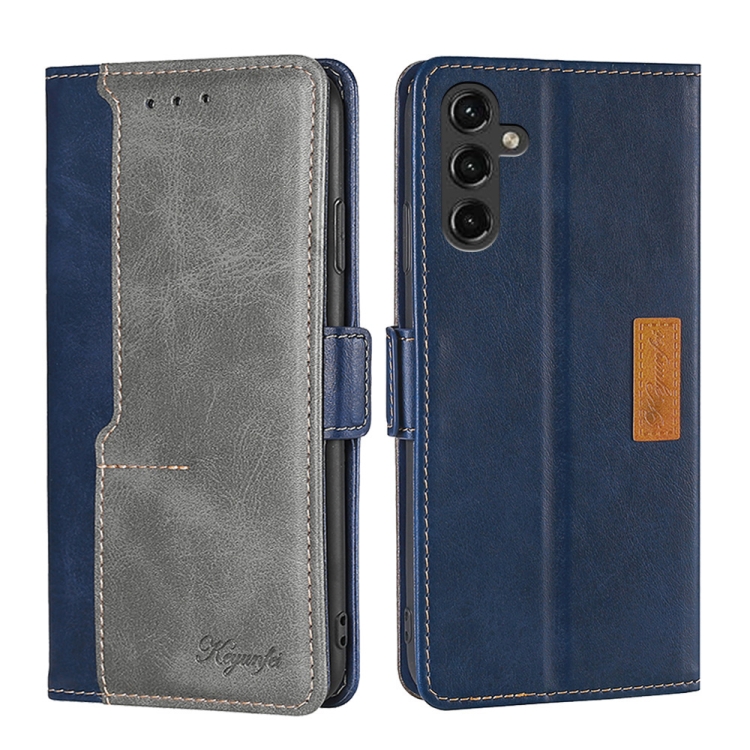 

For Samsung Galaxy A14 5G Contrast Color Side Buckle Leather Phone Case(Blue + Grey)