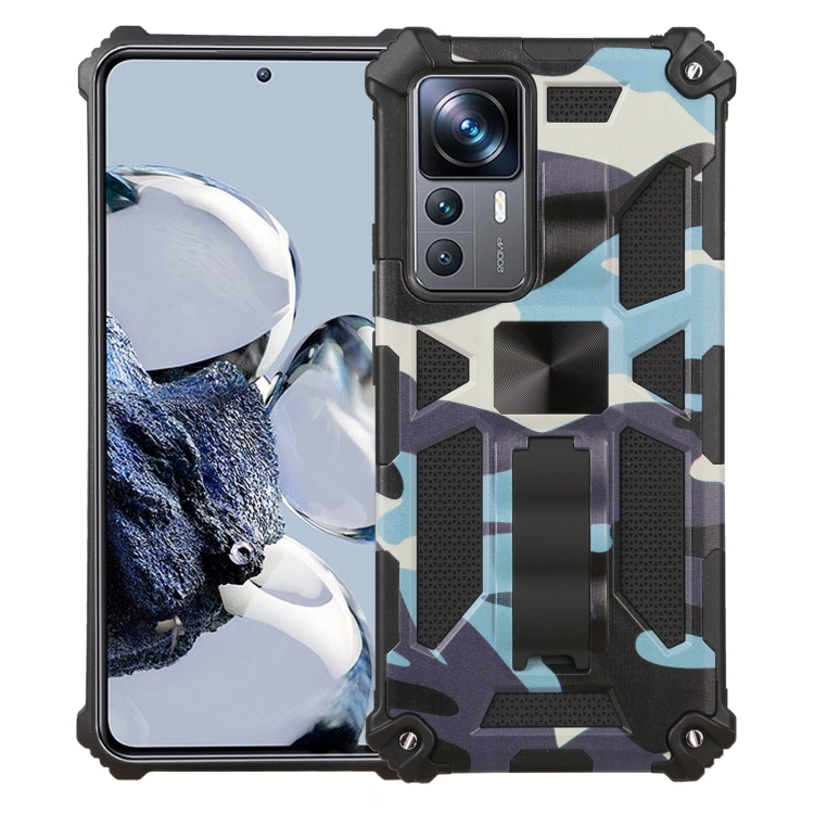 

For Xiaomi 12T / 12T Pro / Redmi K50 Ultra Camouflage Armor Kickstand TPU + PC Magnetic Phone Case(Light Blue)