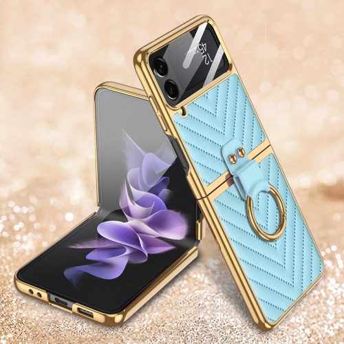 

For Samsung Galaxy Z Flip4 GKK V-shaped Pattern Electroplated Leather Phone Case with Ring Holder(Blue)