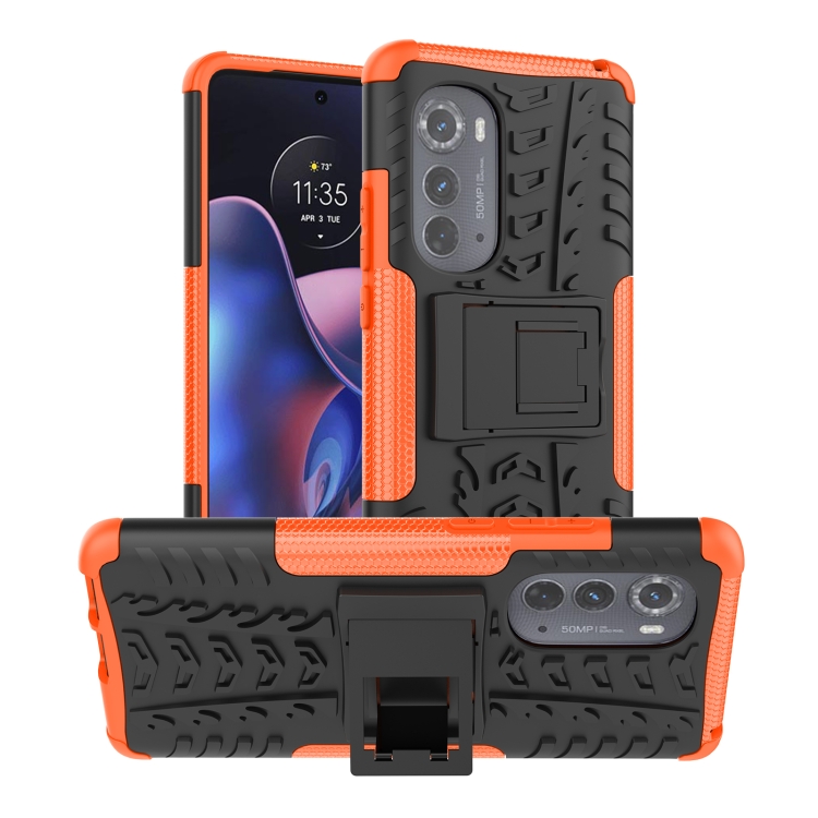 

For Motorola Edge 2022 Tire Texture TPU + PC Phone Case with Holder(Orange)
