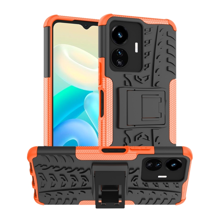 

For vivo Y77 Tire Texture TPU + PC Phone Case with Holder(Orange)