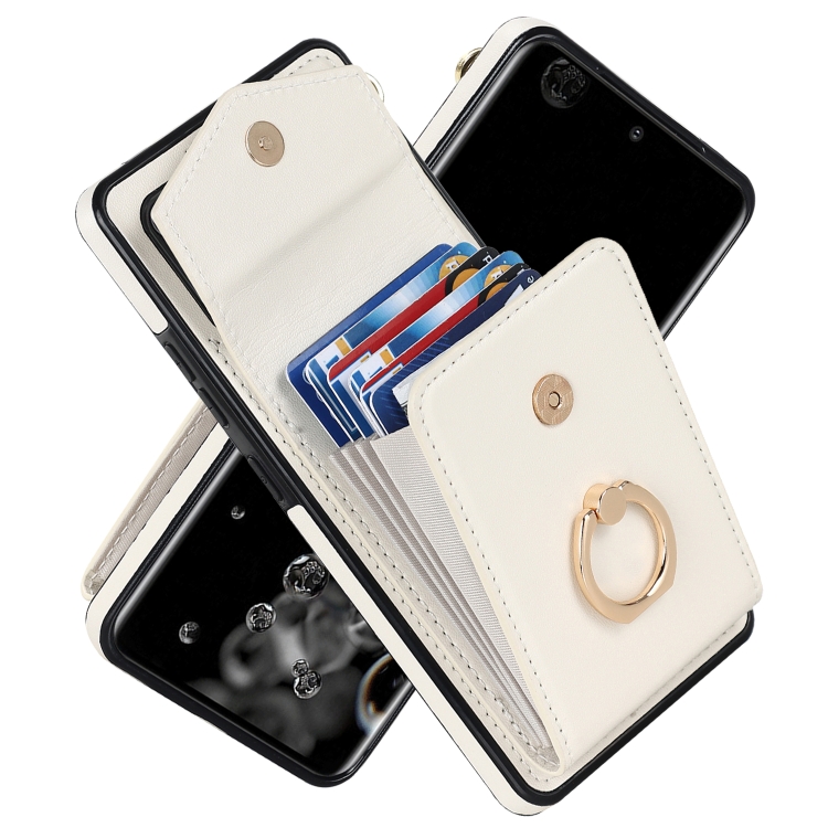 

For Samsung Galaxy S20 Ultra Ring Holder RFID Card Slot Phone Case(Beige)