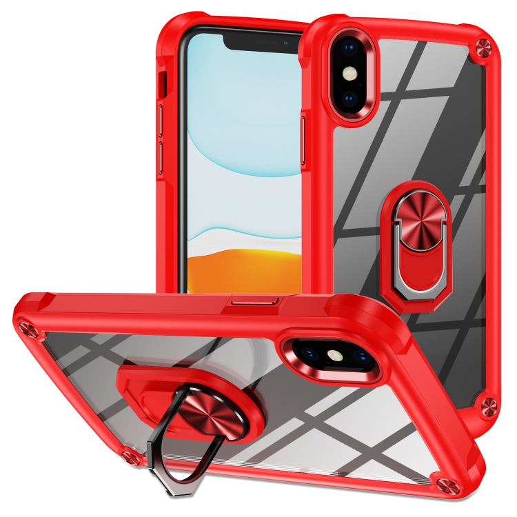 

For iPhone XS / X TPU + PC Lens Protection Phone Case with Ring Holder(Red)