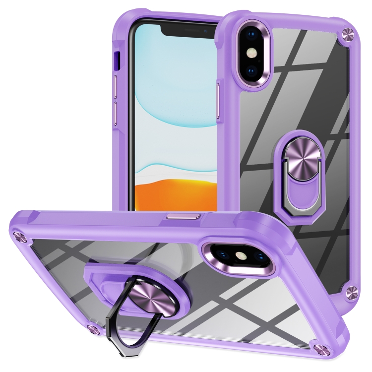 

For iPhone XR TPU + PC Lens Protection Phone Case with Ring Holder(Purple)