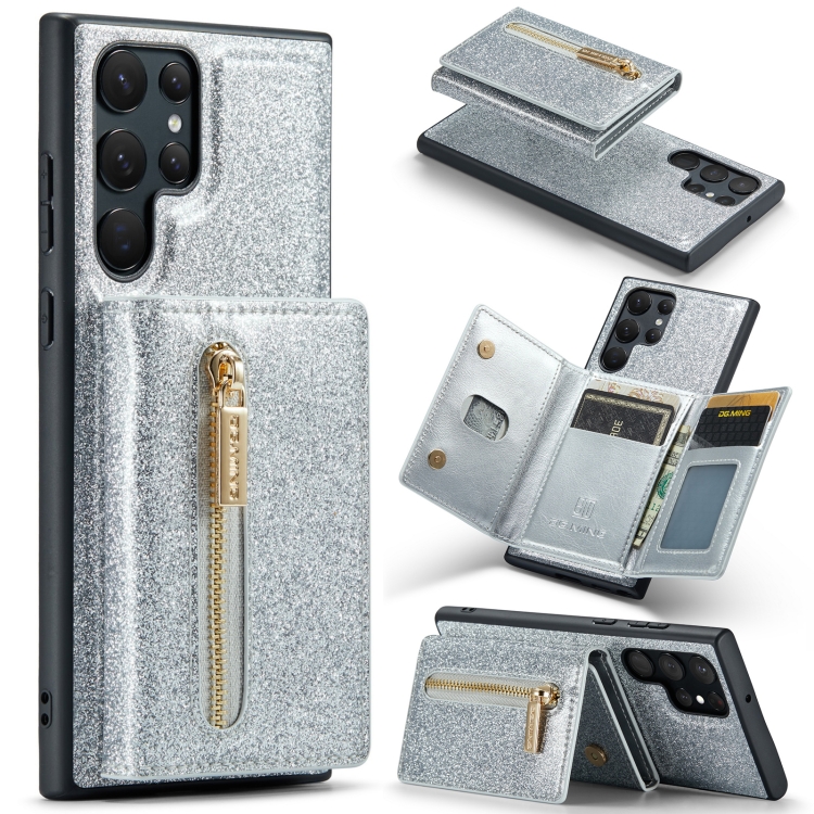 

For Samsung Galaxy S22 Ultra 5G DG.MING M3 Series Glitter Powder Card Bag Leather Case(Silver)