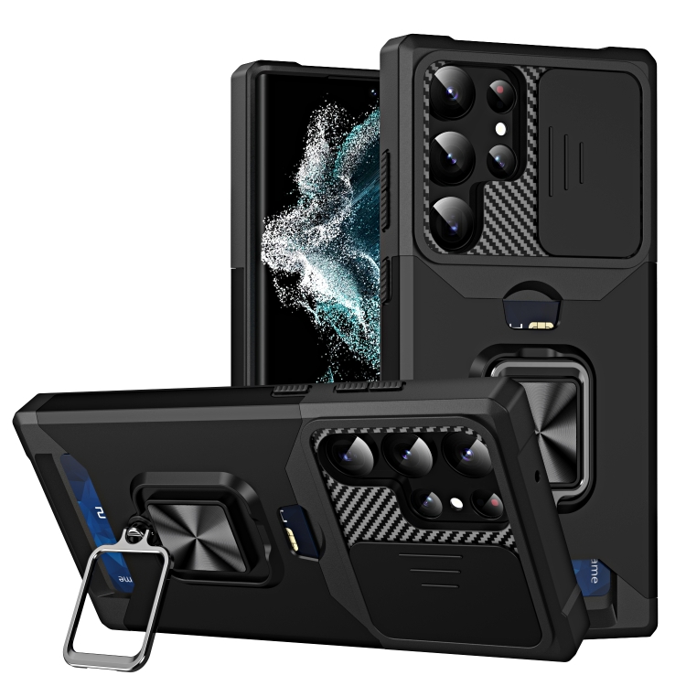 

For Samsung Galaxy S23 Ultra 5G Sliding Camshield Phone Case with Ring Holder & Card Slot(Black)