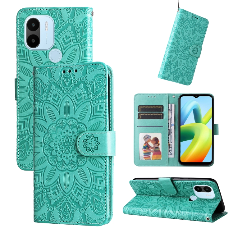 

For Xiaomi Redmi A1+ Embossed Sunflower Leather Phone Case(Green)