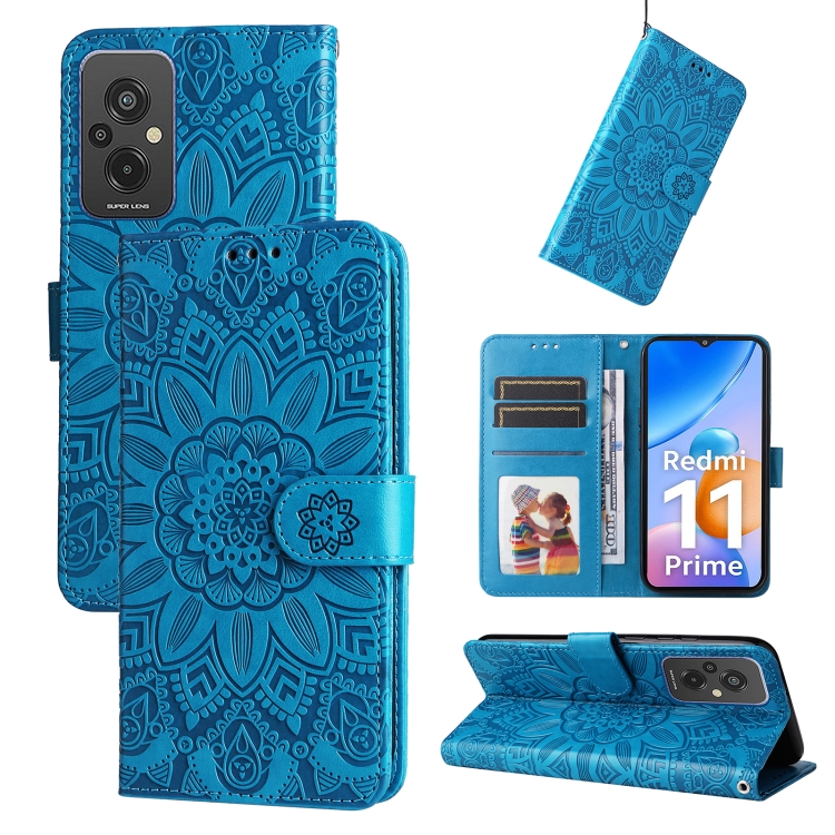 

For Xiaomi Redmi 11 Prime 4G Embossed Sunflower Leather Phone Case(Blue)