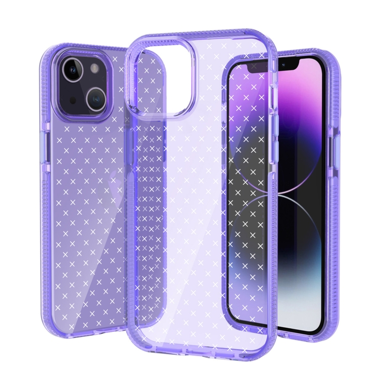

For iPhone 14 Plus Grid Pattern Transparent TPU Phone Case(Purple)
