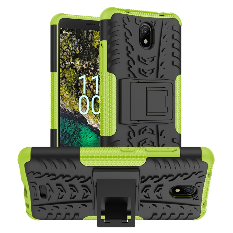 

For Nokia C100 Tire Texture TPU + PC Phone Case with Holder(Green)