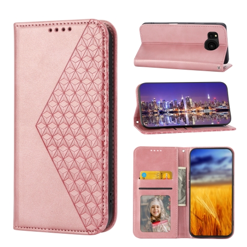 

For Sharp Aquos Sense7 Cubic Grid Calf Texture Magnetic Leather Phone Case(Rose Gold)