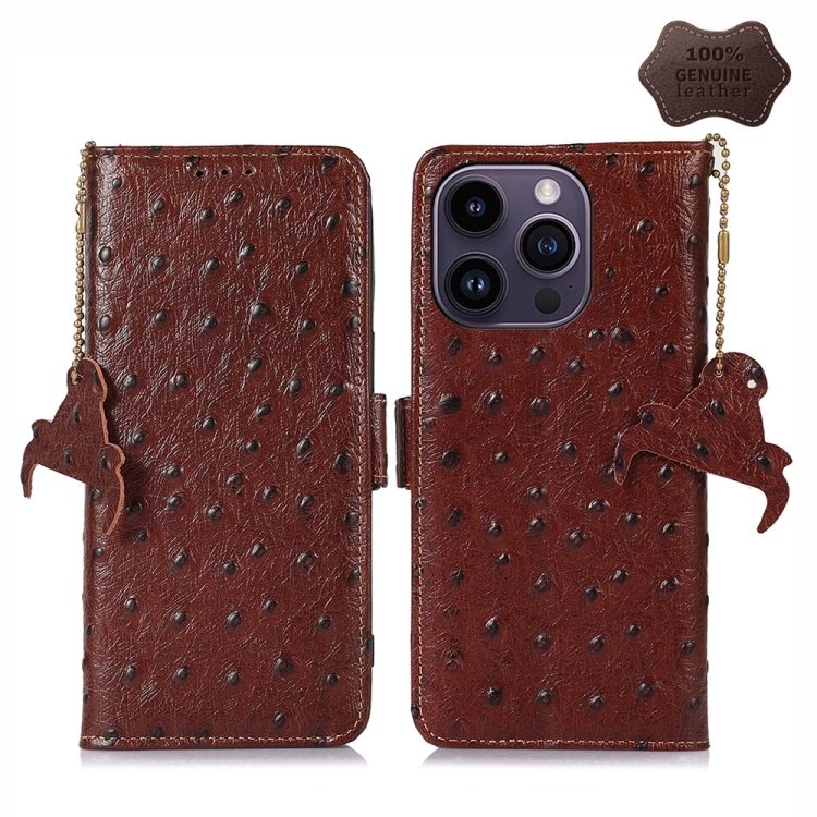 

For iPhone 14 Pro Ostrich Pattern Genuine Leather RFID Phone Case(Coffee)