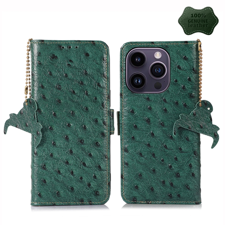 

For iPhone 14 Pro Max Ostrich Pattern Genuine Leather RFID Phone Case(Green)