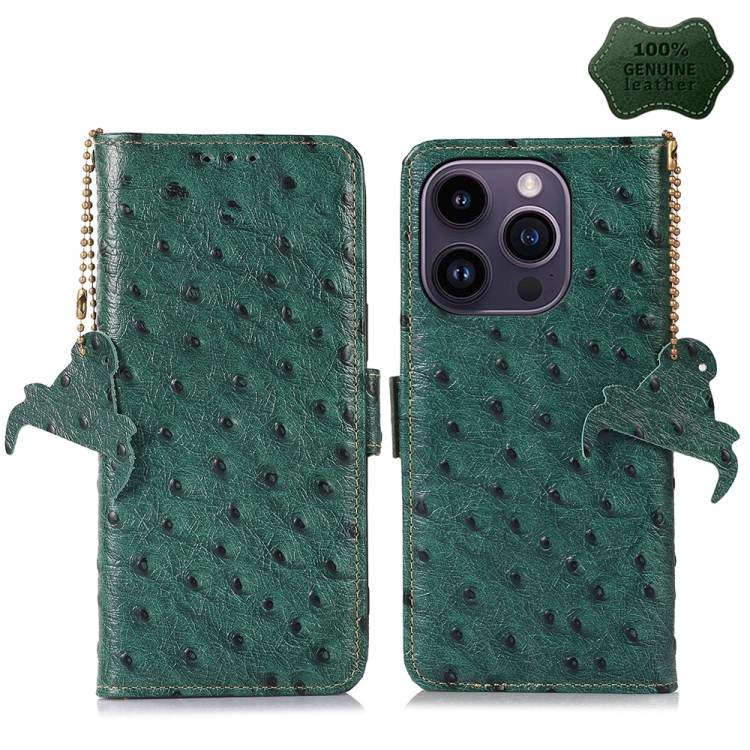 

For iPhone 15 Pro Max Ostrich Pattern Genuine Leather RFID Phone Case(Green)