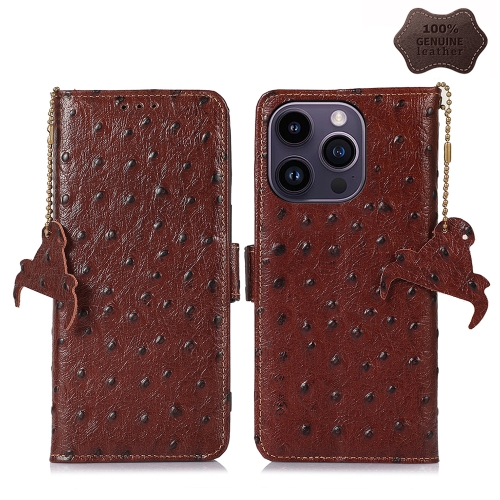

For iPhone 15 Pro Ostrich Pattern Genuine Leather RFID Phone Case(Coffee)