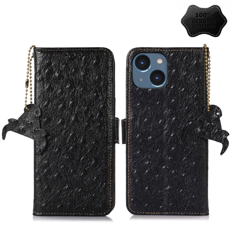 

For iPhone 15 Plus Ostrich Pattern Genuine Leather RFID Phone Case(Black)