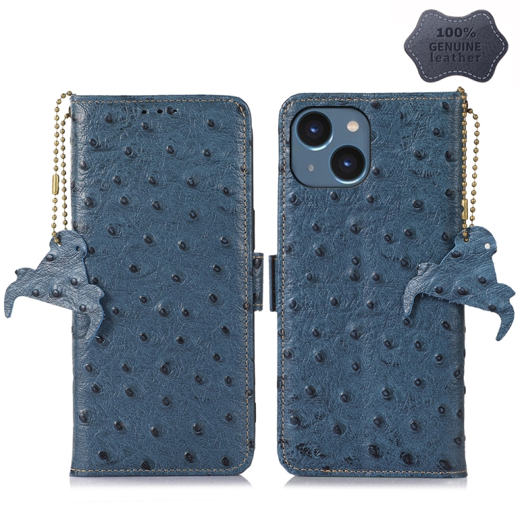 

For iPhone 15 Ostrich Pattern Genuine Leather RFID Phone Case(Blue)