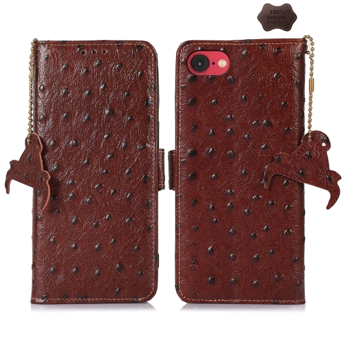 

For iPhone SE 2024 Ostrich Pattern Genuine Leather RFID Phone Case(Coffee)