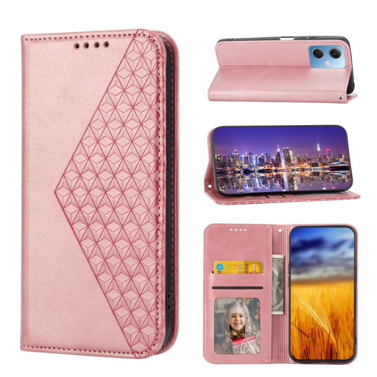 

For Xiaomi Redmi Note 12 Cubic Grid Calf Texture Magnetic Leather Phone Case(Rose Gold)