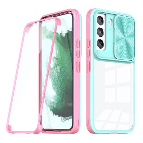 

For Samsung Galaxy S22+ 5G 360 degree Full Coverage Sliding Camshield Phone Case(Sky Blue+Pink)