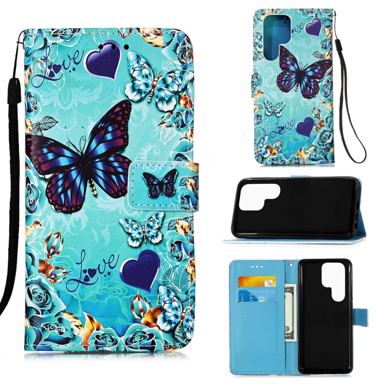 

For Samsung Galaxy S23 Ultra 5G Colored Drawing Pattern Plain Weave Leather Phone Case(Caring Butterfly)