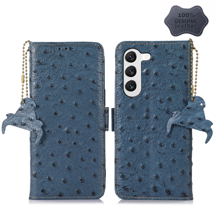 

For Samsung Galaxy S22+ 5G Ostrich Pattern Genuine Leather RFID Phone Case(Blue)
